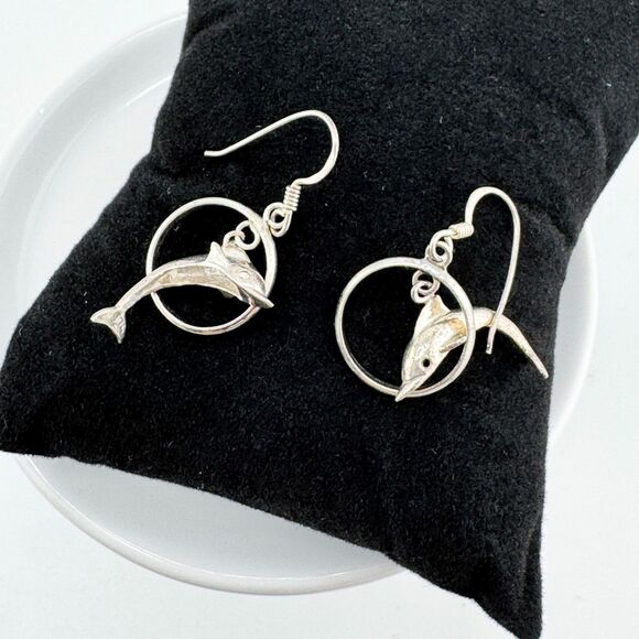 Vintage 925 Sterling Silver Dolphin Circle Dangle Earrings Coastal Beach Retro - Picture 5 of 7